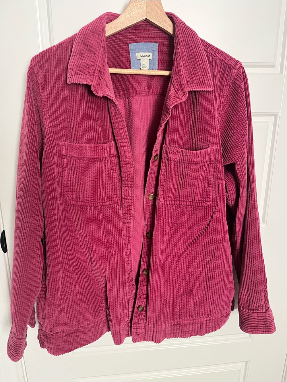 L.L. Bean Women's Corduroy Button-Down Shirt Jacket in Berry Pink